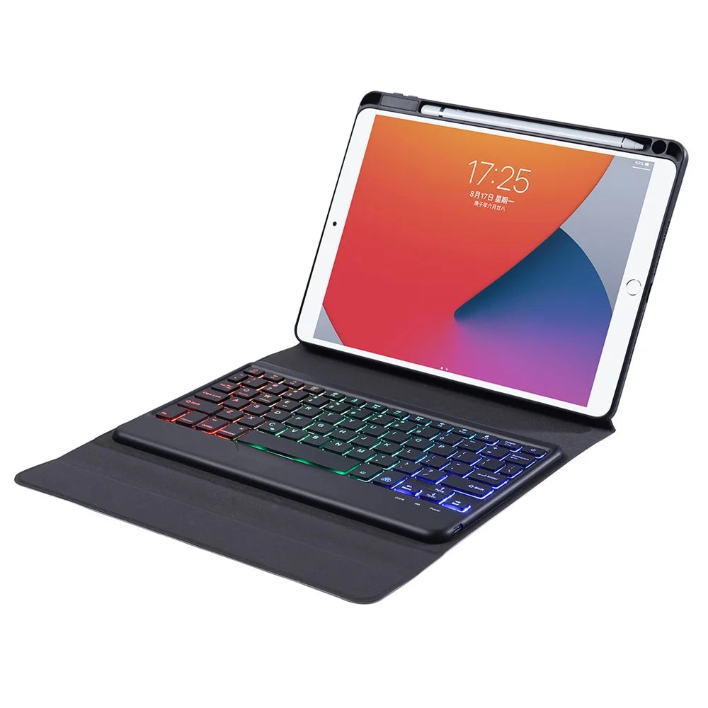 B09S Leather Cover Shell + Wireless Bluetooth-compatible Keyboard Combo Set with Colorful Backlight for iPad 10.2 (2021)/(2020)/(2019)/Pro 10.5-inch (2017)/Air 10.5 inch (2019) - Black - 5