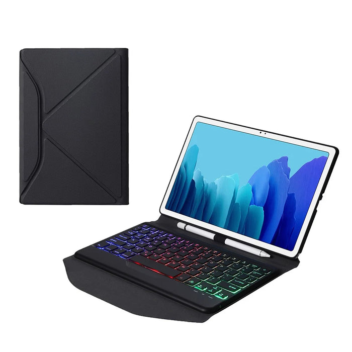 B500S Bluetooth-compatible Keyboard with Triangle Support Leather Protective Case (with Backlit) for Samsung Galaxy Tab A7 10.4 (2020) (T500 / T505) - Black / Black - 1
