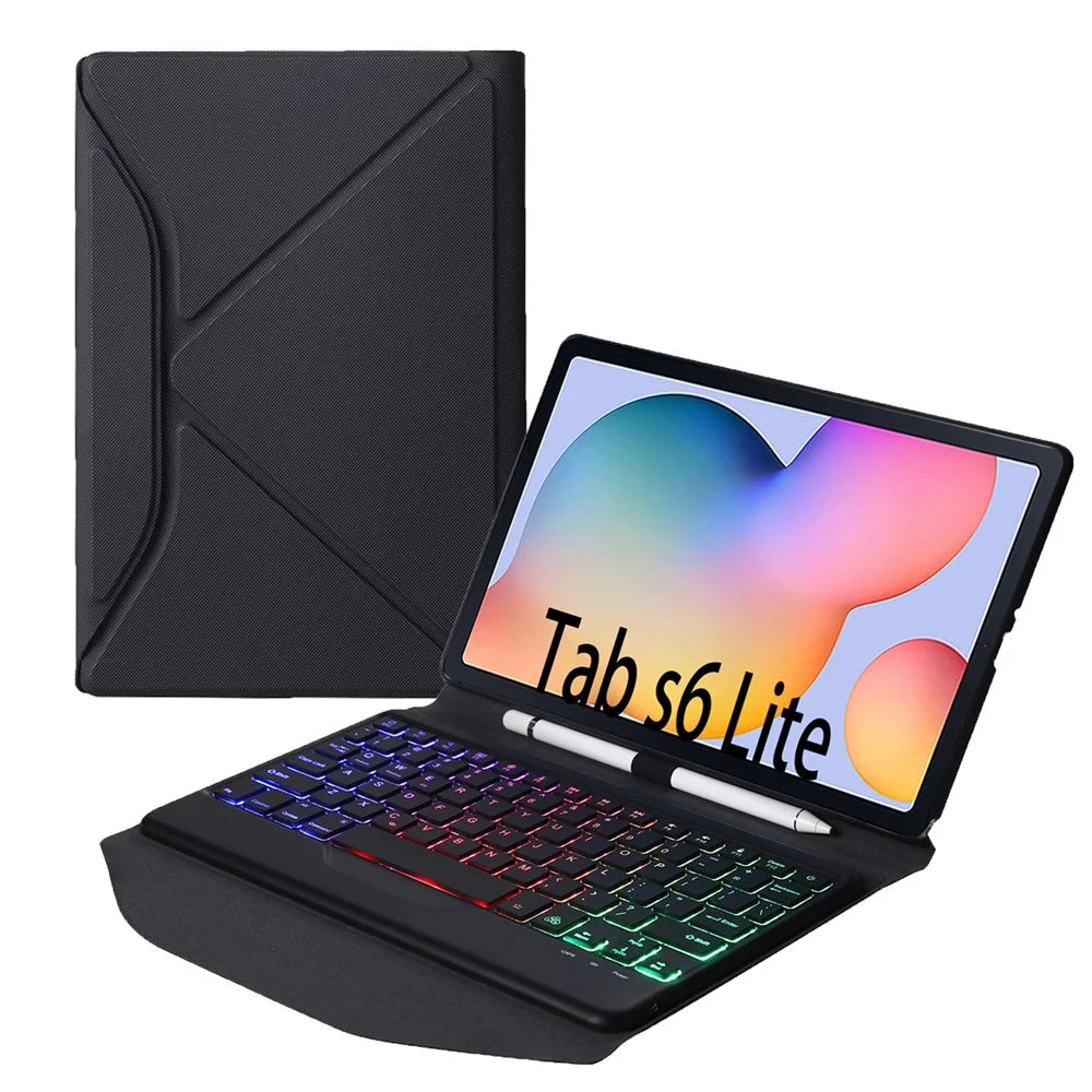 B610S 2-in-1 Leather Protective Case + Keyboard with Backlit for Samsung Galaxy Tab S6 Lite (2020) P615 P610 / (2022) / (2024) - Black / Black - 1