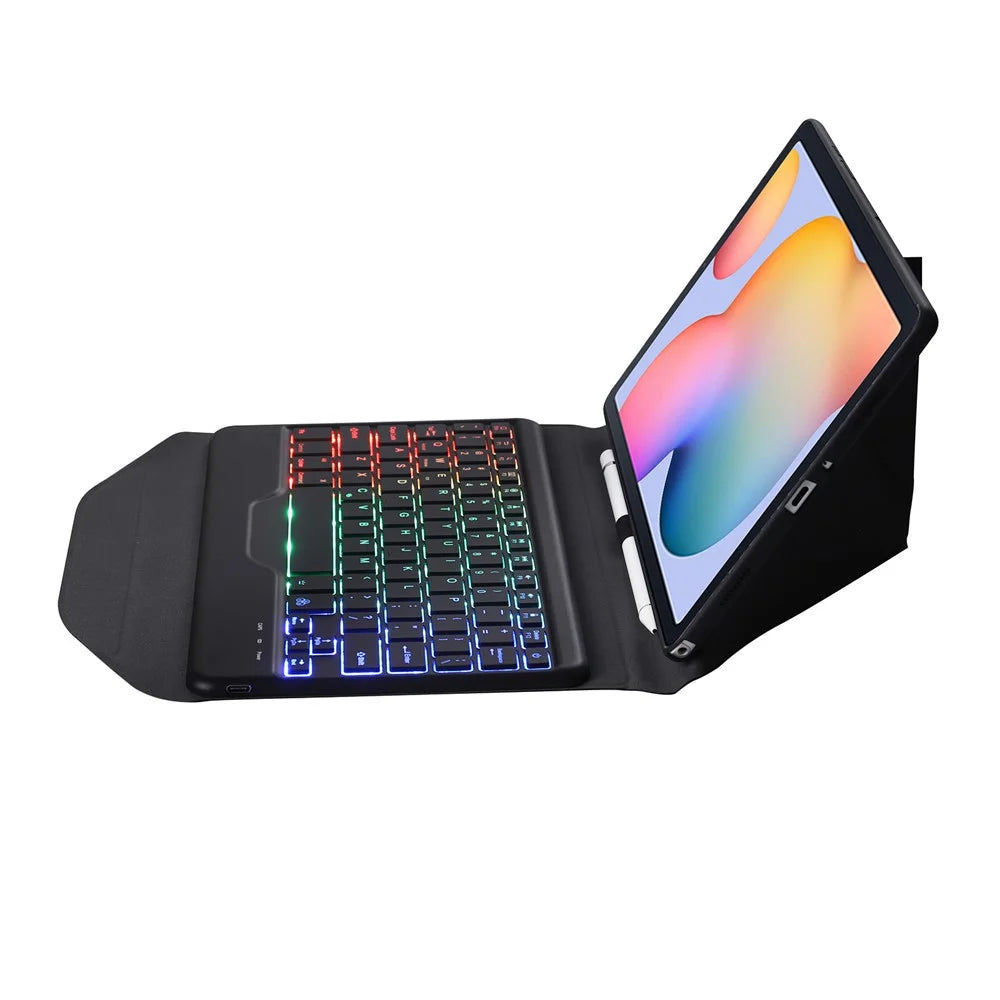 B610S 2-in-1 Leather Protective Case + Keyboard with Backlit for Samsung Galaxy Tab S6 Lite (2020) P615 P610 / (2022) / (2024) - Black / Black - 4