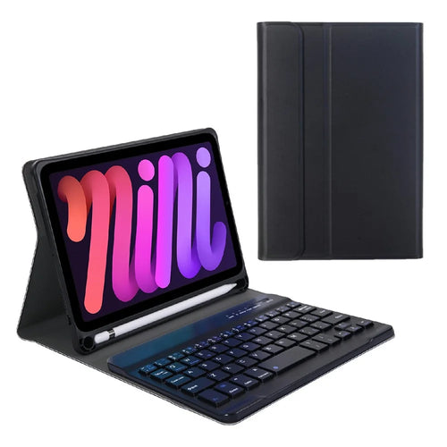 A06B Ultra-Thin Leather Stand Protective Case Shell + Bluetooth-compatible Keyboard with Pen Slot for iPad mini (2024) / mini (2021) - Black - 1