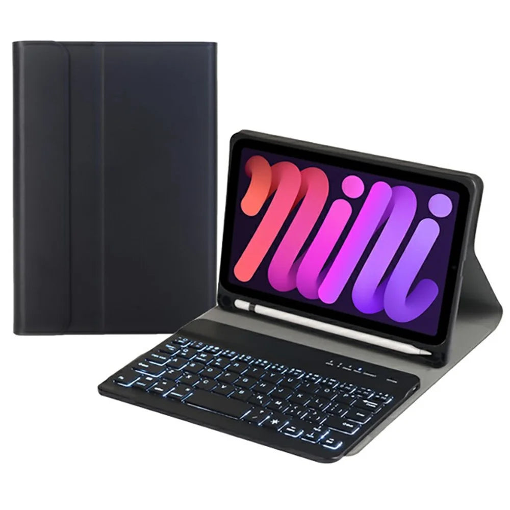 A06BS Ultra-Thin Leather Tablet Stand Protective Case Shell + Backlit Bluetooth-compatible Keyboard with Pen Slot for iPad mini (2024) / mini (2021) - Black - 1