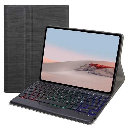 For Microsoft Surface Go/Go 2/Go 3 Three Colors Backlit Bluetooth-compatible 5.0 Keyboard + Wood Texture PU Leather Outer Cover Set Detachable Keyboard Slim Leather Folio Smart Cover - Black - 1