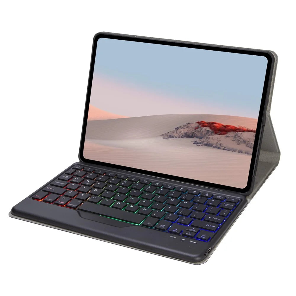 For Microsoft Surface Go/Go 2/Go 3 Three Colors Backlit Bluetooth-compatible 5.0 Keyboard + Wood Texture PU Leather Outer Cover Set Detachable Keyboard Slim Leather Folio Smart Cover - Black - 2