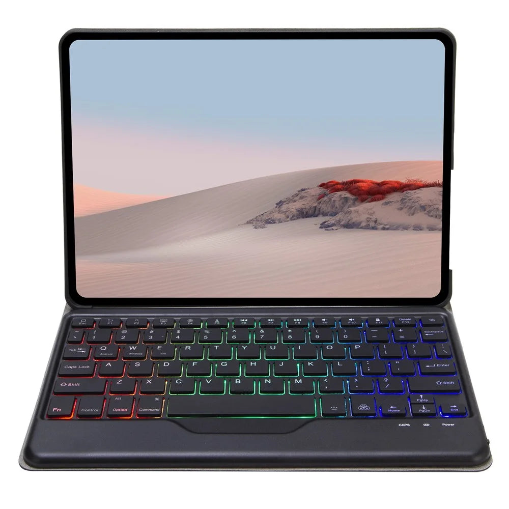 For Microsoft Surface Go/Go 2/Go 3 Three Colors Backlit Bluetooth-compatible 5.0 Keyboard + Wood Texture PU Leather Outer Cover Set Detachable Keyboard Slim Leather Folio Smart Cover - Black - 3