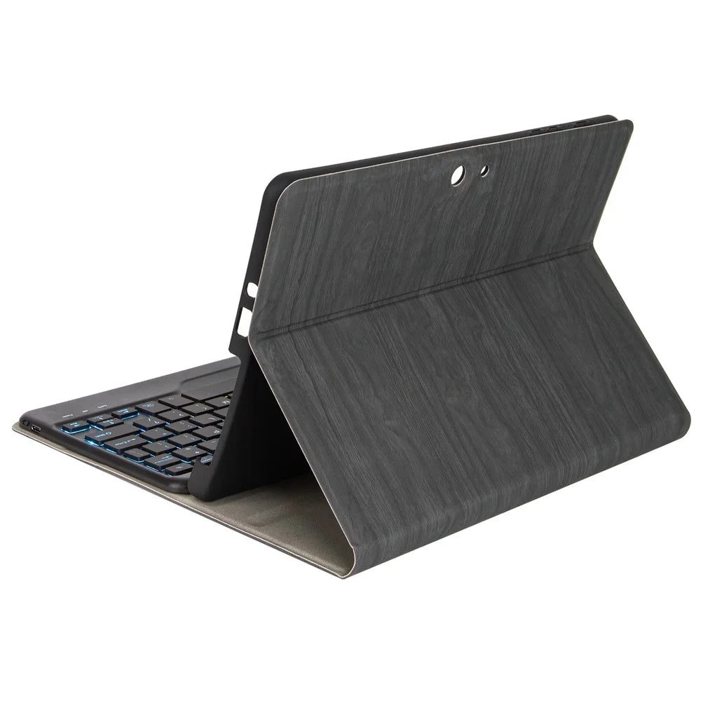 For Microsoft Surface Go/Go 2/Go 3 Three Colors Backlit Bluetooth-compatible 5.0 Keyboard + Wood Texture PU Leather Outer Cover Set Detachable Keyboard Slim Leather Folio Smart Cover - Black - 5