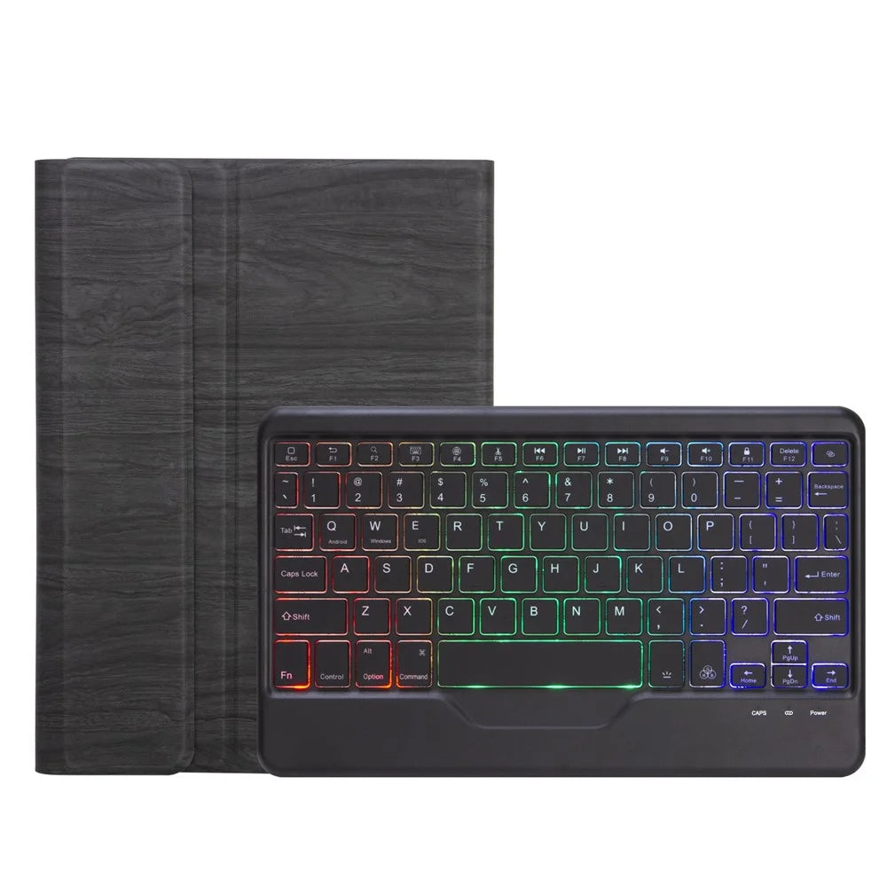 For Microsoft Surface Go/Go 2/Go 3 Three Colors Backlit Bluetooth-compatible 5.0 Keyboard + Wood Texture PU Leather Outer Cover Set Detachable Keyboard Slim Leather Folio Smart Cover - Black - 6