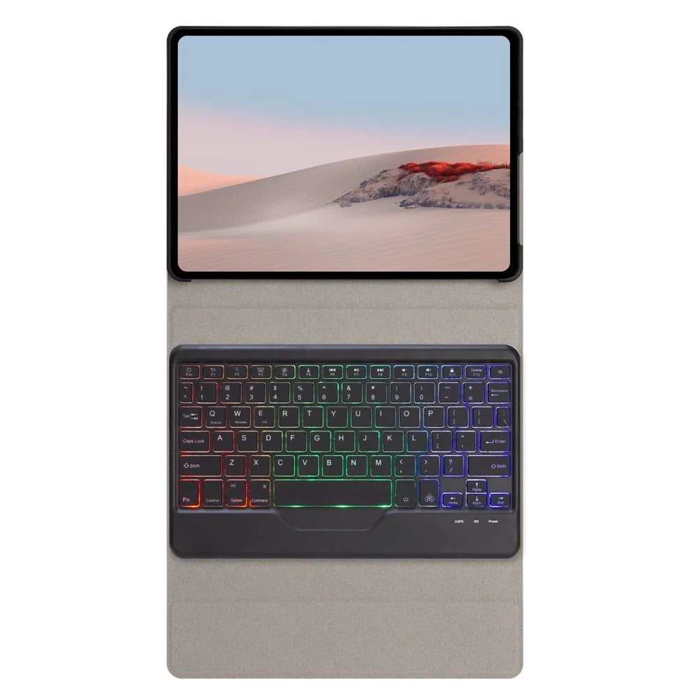 For Microsoft Surface Go/Go 2/Go 3 Three Colors Backlit Bluetooth-compatible 5.0 Keyboard + Wood Texture PU Leather Outer Cover Set Detachable Keyboard Slim Leather Folio Smart Cover - Black - 7