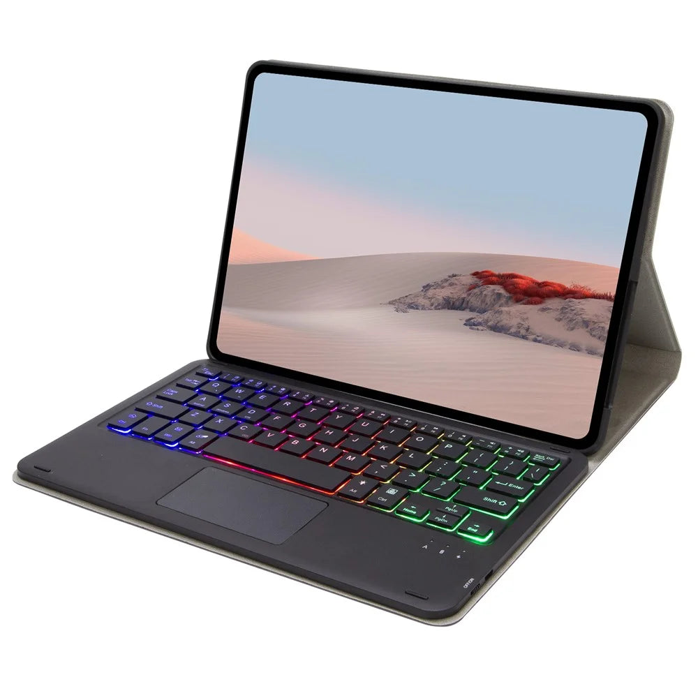 SFGO-AS for Microsoft Surface Go/Go 2/Go 3 Three Colors Backlit Touch Mouse Design Bluetooth-compatible 5.0 Keyboard + Wood Texture PU Leather Outer Cover Set with TPU Inner Bumper Case - 2