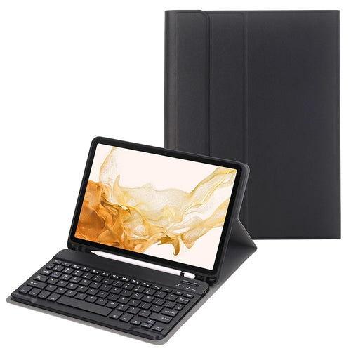 For Samsung Galaxy Tab S8 PU Leather+TPU Tablet Stand Case with Wireless Bluetooth-compatible Keyboard - Black - 1