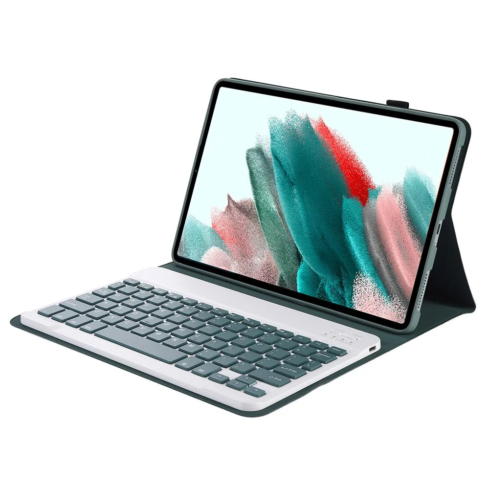 A08 for Samsung Galaxy Tab A8 10.5 (2021) / (2022) (SM-X205 / X200) Ultra Thin Tablet Stand Cover Leather Protective Case + Bluetooth-compatible Keyboard - Dark Green - 1