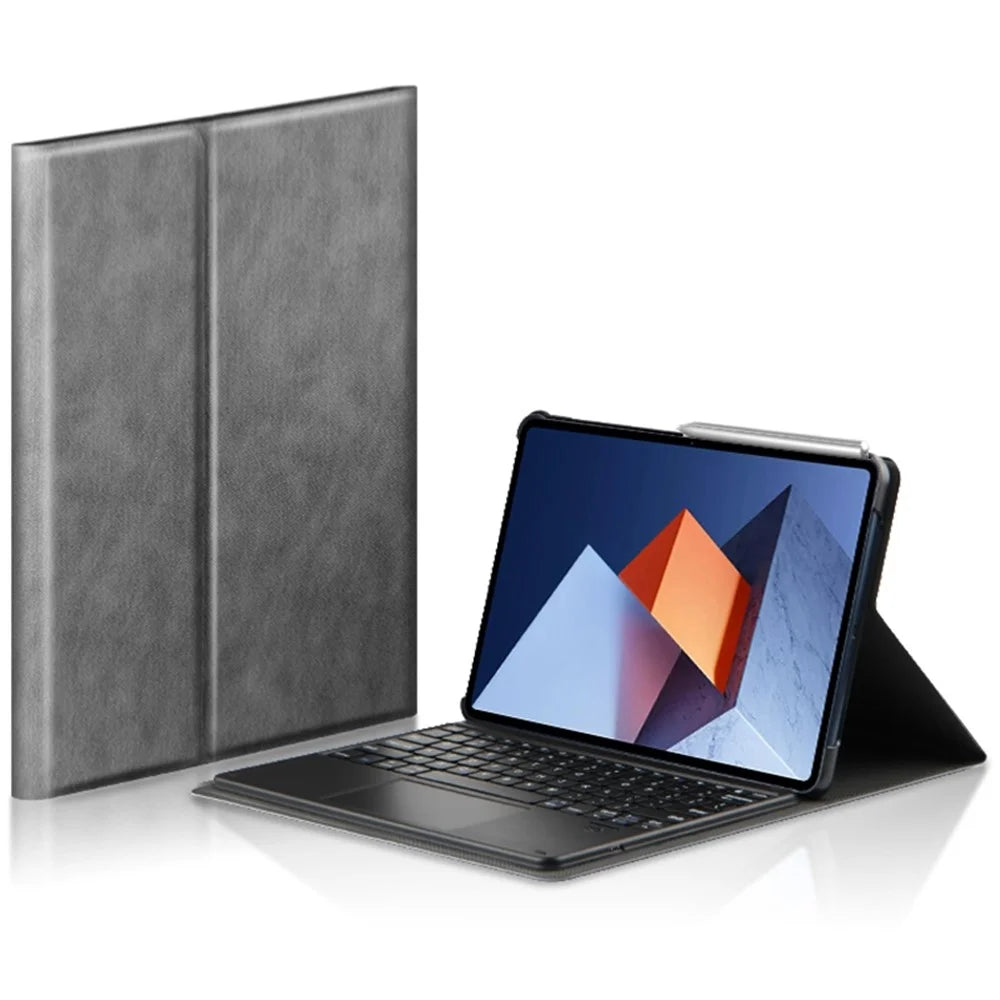 For Huawei MateBook E (2022) Business Keyboard Case PU Leather Stand Tablet Case Bluetooth-compatible Wireless Keyboard with Touchpad - Grey - 1