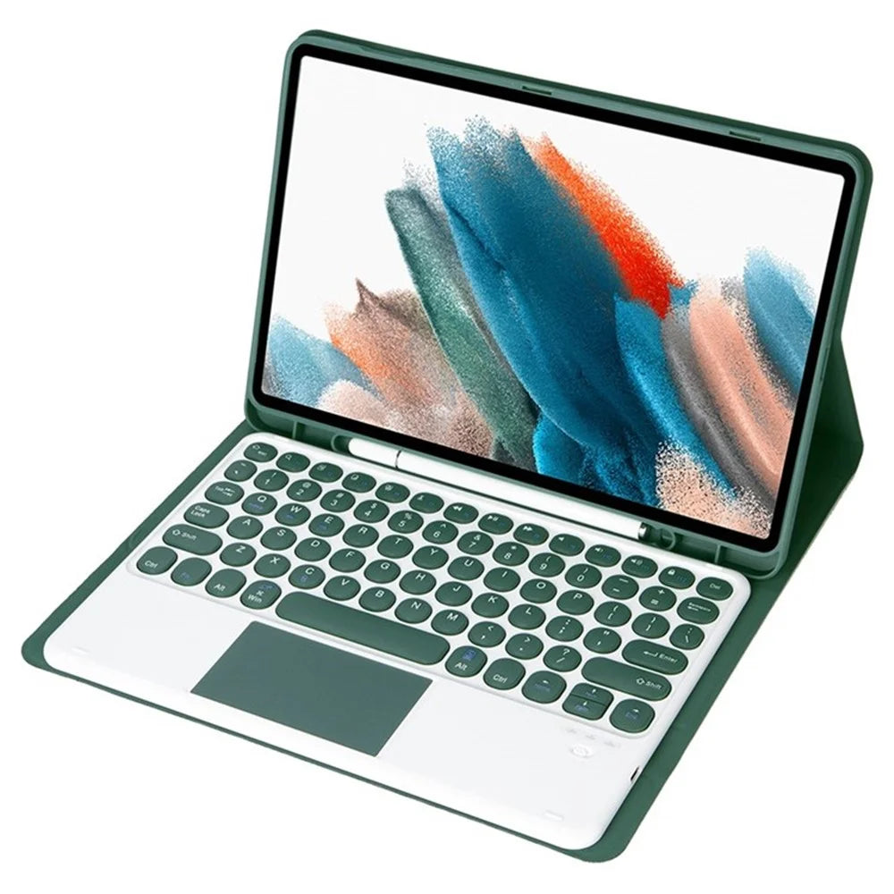 YA08B-A for Samsung Galaxy Tab A8 10.5 (2021) / (2022) Leather Bluetooth-compatible Keyboard Case with Touchpad Round Key Cap  - Dark Green - 1