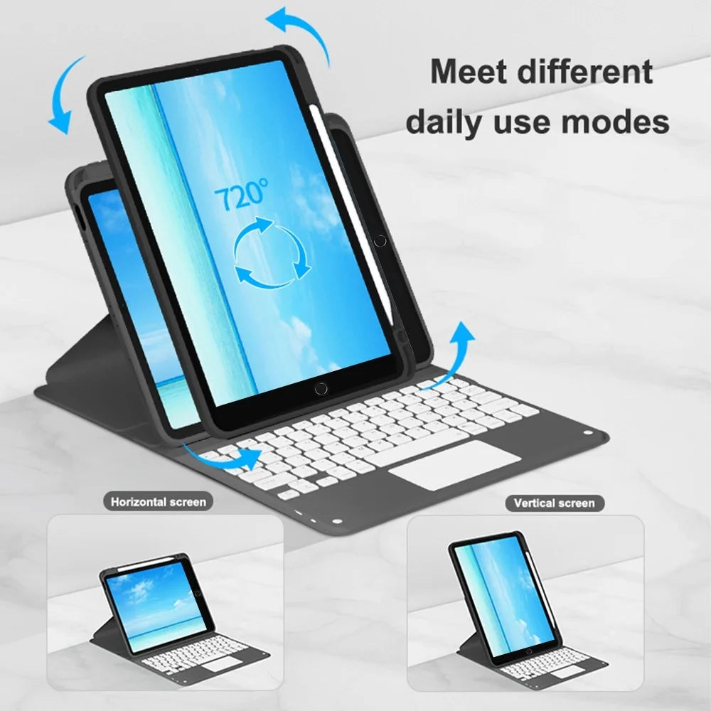 For iPad 10.2 (2021)/(2019)/(2020) Detachable Bluetooth-compatible Keyboard with TouchPad + Rotating Leather Protective Cover Case with Pencil Holder - Black - 3