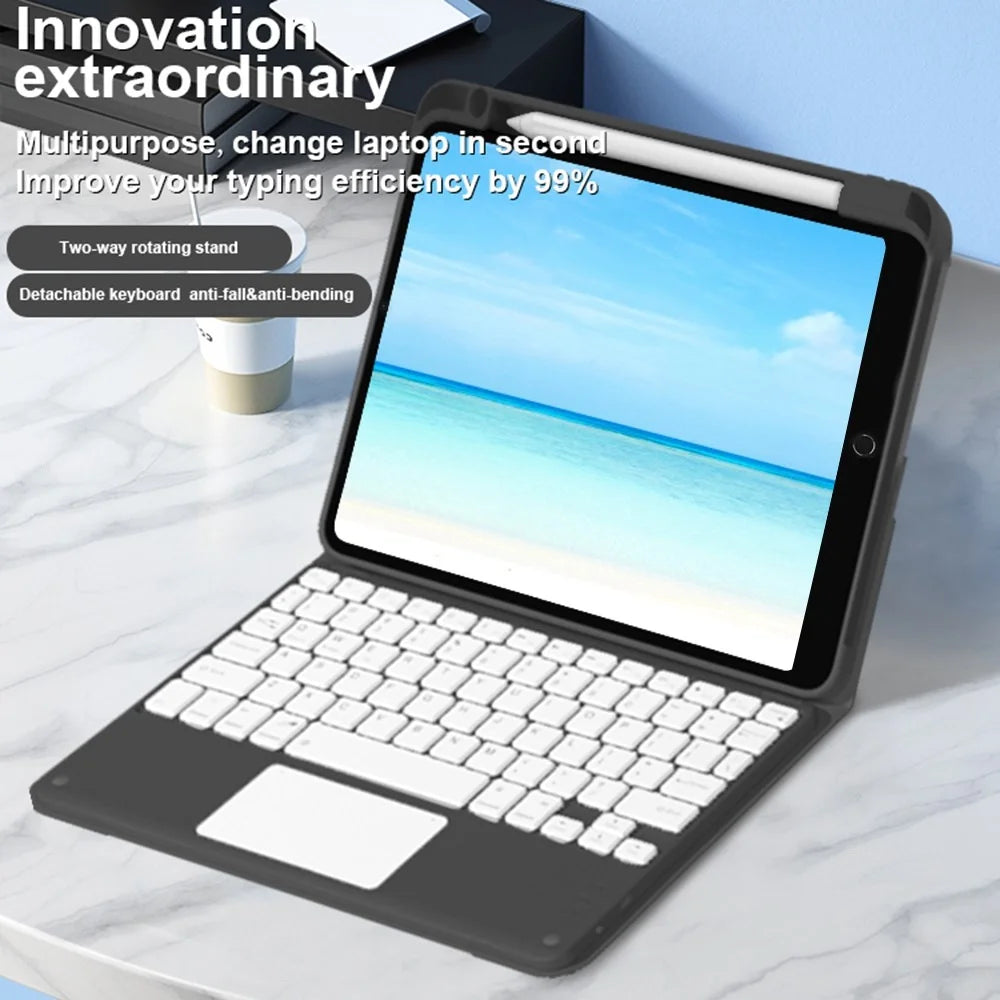 For iPad 10.2 (2021)/(2019)/(2020) Detachable Bluetooth-compatible Keyboard with TouchPad + Rotating Leather Protective Cover Case with Pencil Holder - Black - 4
