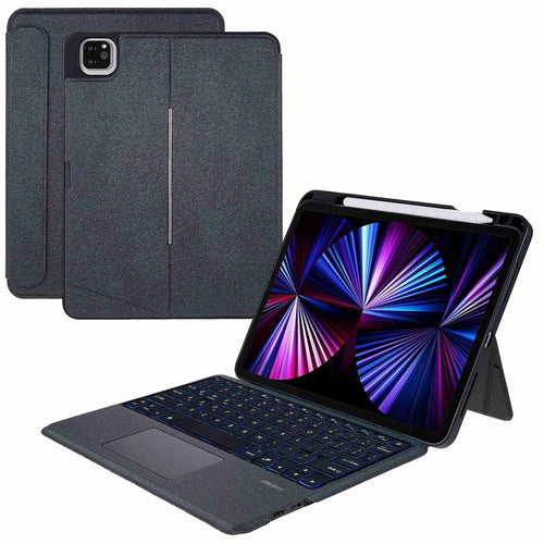 For iPad Pro 12.9-inch (2020) / (2021) Leather Case + Bluetooth-Compatible Keyboard with Backlight Trackpad - Black - 1