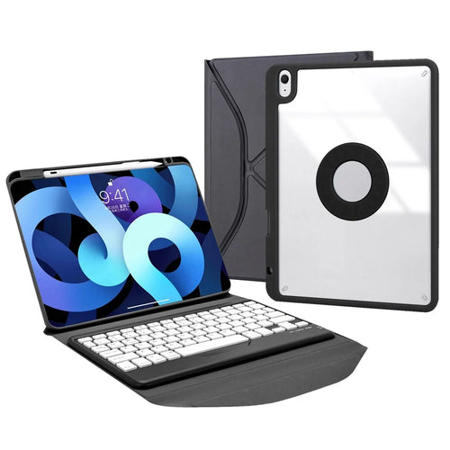 Z098B for iPad Air (2022) / (2020) Bluetooth-compatible Keyboard Trifold Stand Leather Cover with Pen Slot - Black - 1