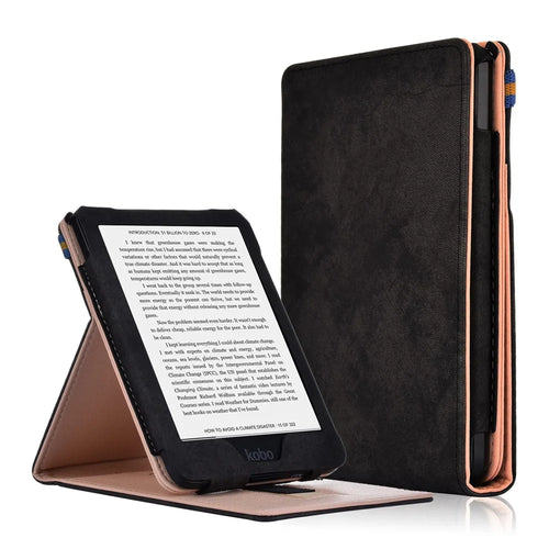 Auto-wake / sleep Vertical PU Leather Stand Case with Hand Strap for Kobo Clara HD 6.0 inch - Black - 1