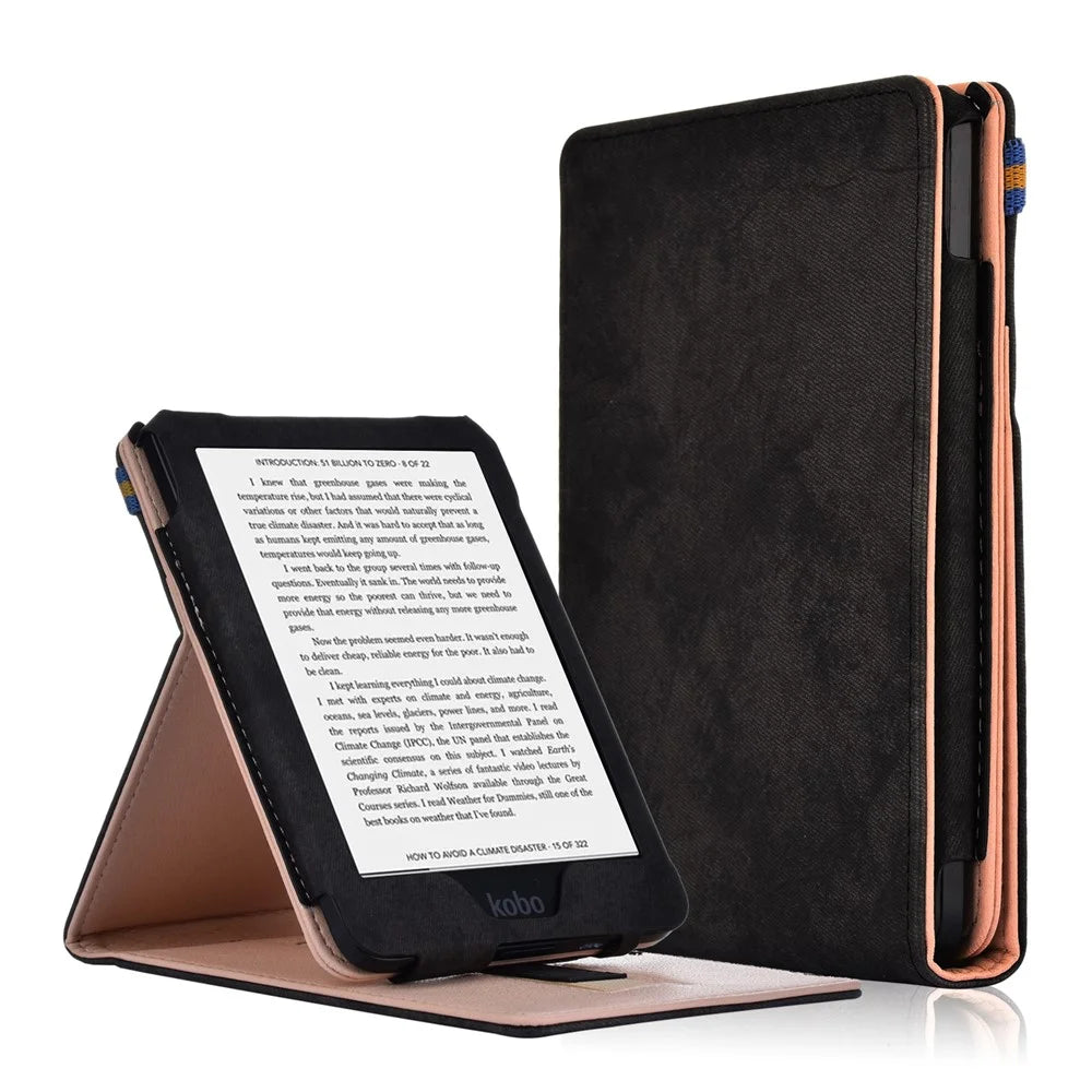 Auto-wake / sleep Vertical PU Leather Stand Case with Hand Strap for Kobo Clara HD 6.0 inch - Black - 1