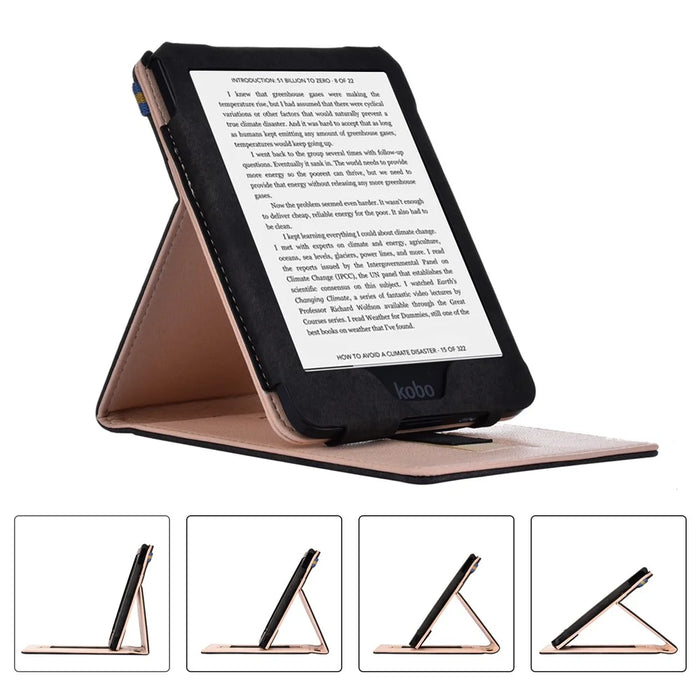 Auto-wake / sleep Vertical PU Leather Stand Case with Hand Strap for Kobo Clara HD 6.0 inch - Black - 6