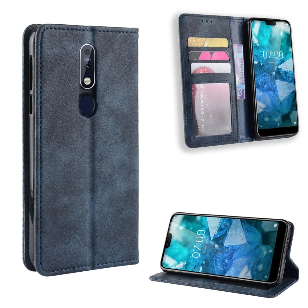 Vintage Style Stand Leather Wallet Case for Nokia 7.1 - Blue - 1