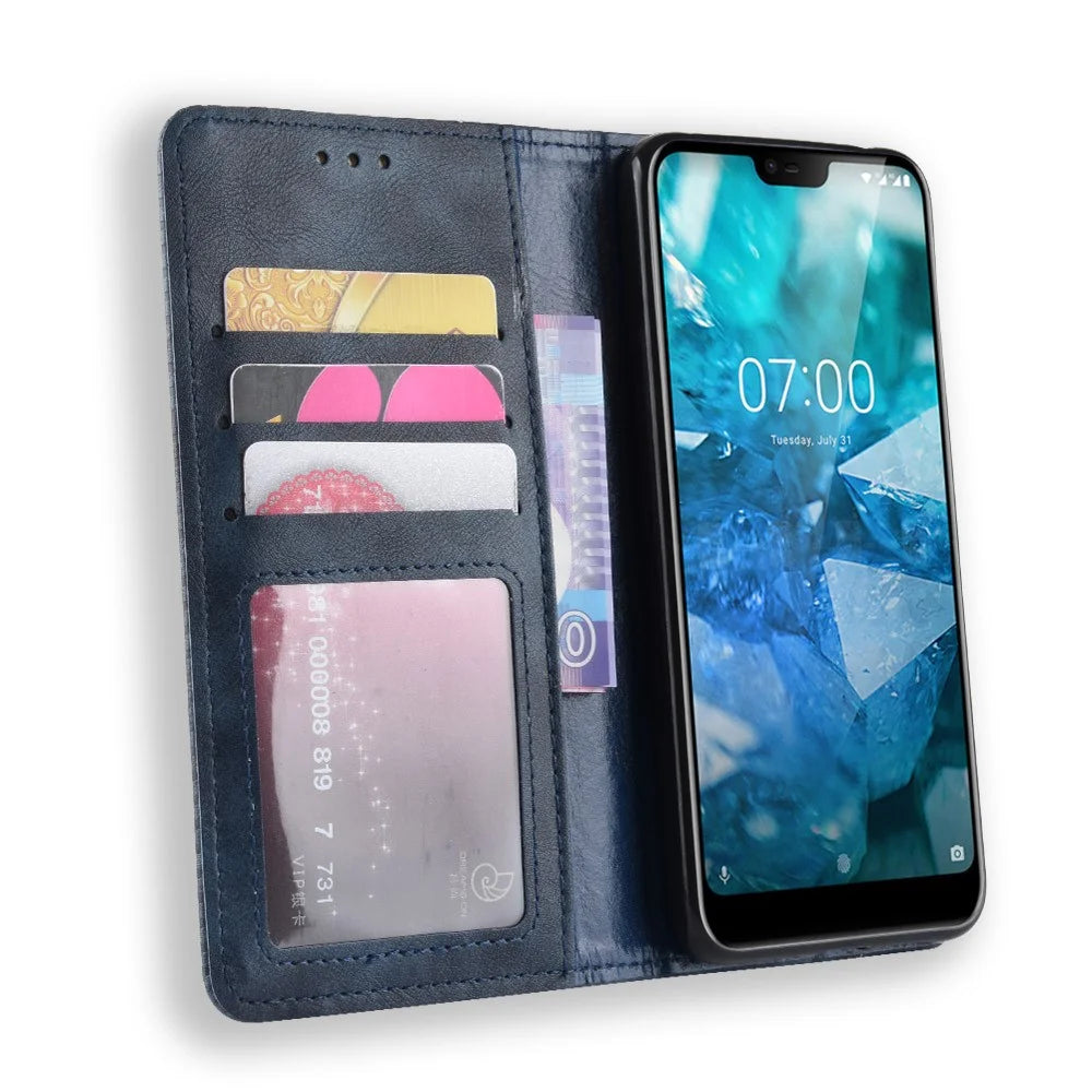 Vintage Style Stand Leather Wallet Case for Nokia 7.1 - Blue - 6
