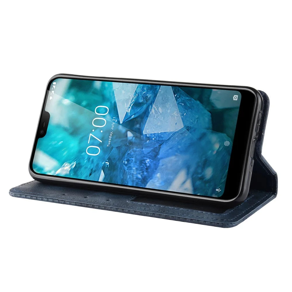Vintage Style Stand Leather Wallet Case for Nokia 7.1 - Blue - 7