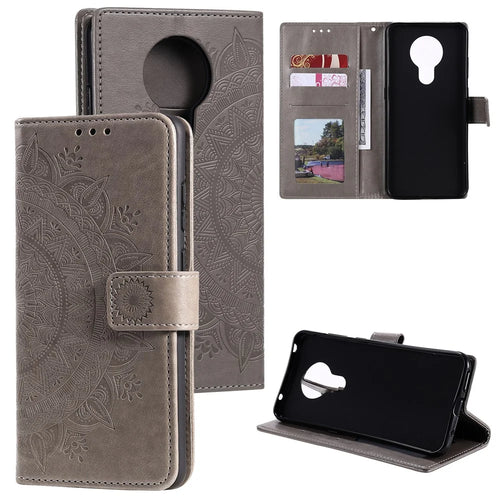 Imprinted Mandala Flower with Wallet Leather Cover with Strap for Nokia 5.3 - Grey - 1