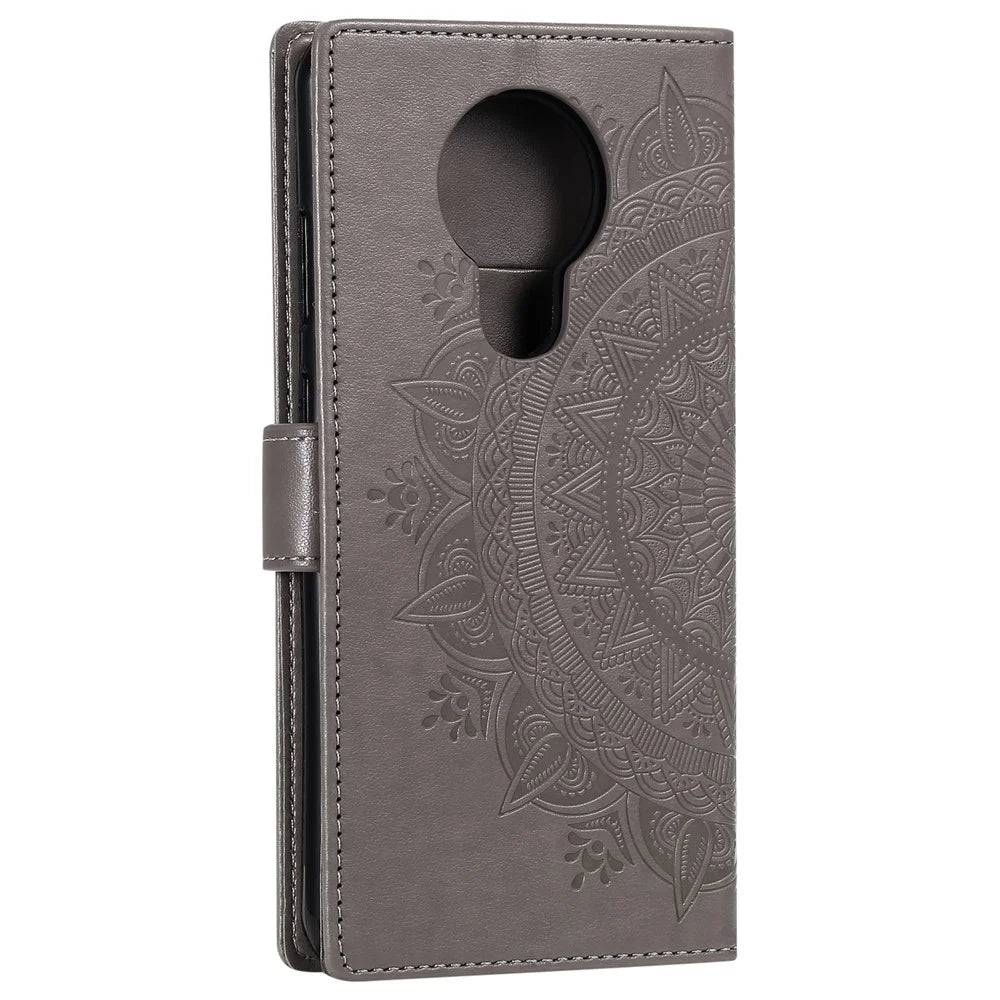 Imprinted Mandala Flower with Wallet Leather Cover with Strap for Nokia 5.3 - Grey - 5
