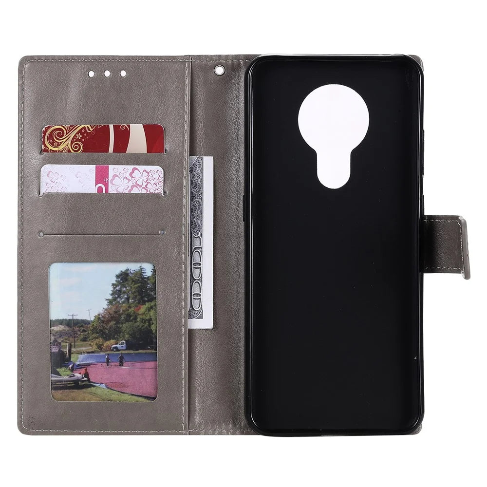 Imprinted Mandala Flower with Wallet Leather Cover with Strap for Nokia 5.3 - Grey - 6