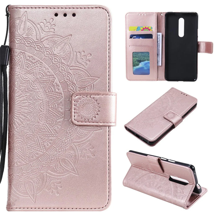 Imprinted Mandala Flower Wallet Leather Case with Strap for Nokia 2.4 - Rose Gold - 1