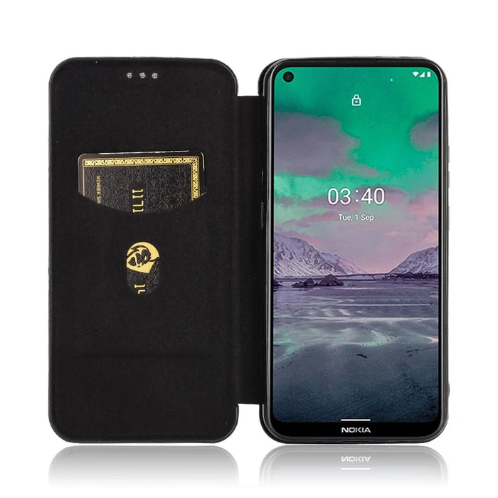 Auto-absorbed Carbon Fiber Leather Case with Card Holder for Nokia 3.4 - Black - 4