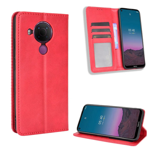 Magnetic Vintage Style Wallet Stand Phone Case Cover for Nokia 5.4 - Red - 1