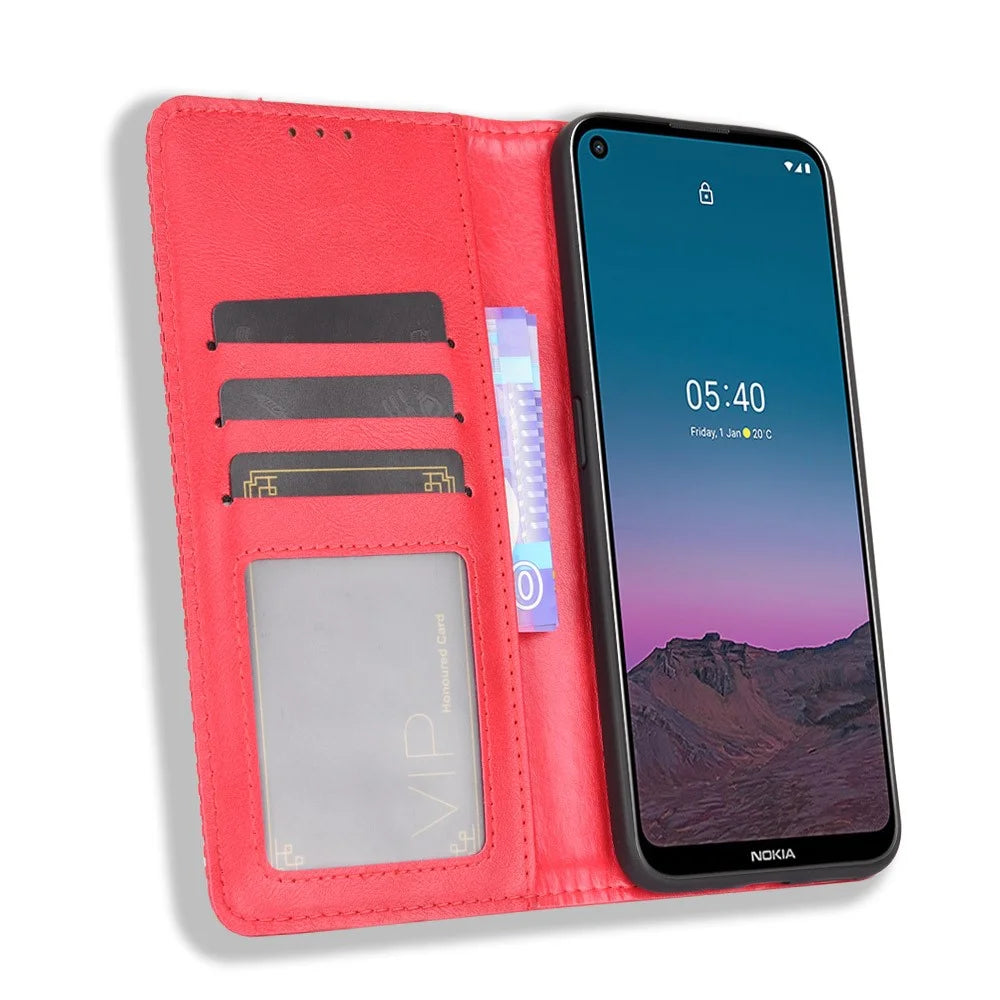 Magnetic Vintage Style Wallet Stand Phone Case Cover for Nokia 5.4 - Red - 6