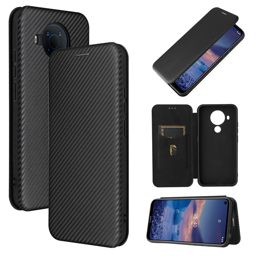 Carbon Fiber Texture Stand Cover for Nokia 5.4 Auto-absorbed Leather Case - Black - 1