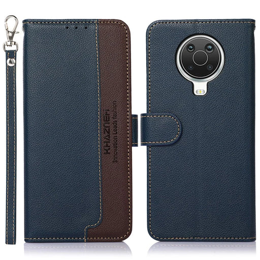 KHAZNEH RFID Blocking Anti-theft Swiping Design Litchi Skin PU Leather Wallet Phone Stand Shell Case for Nokia 6.3 / G10 / G20 - Blue - 1