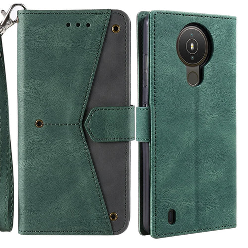Splicing Stitching Skin-touch PU Leather Case Stand Protector Cover for Nokia 1.4 - Green - 1