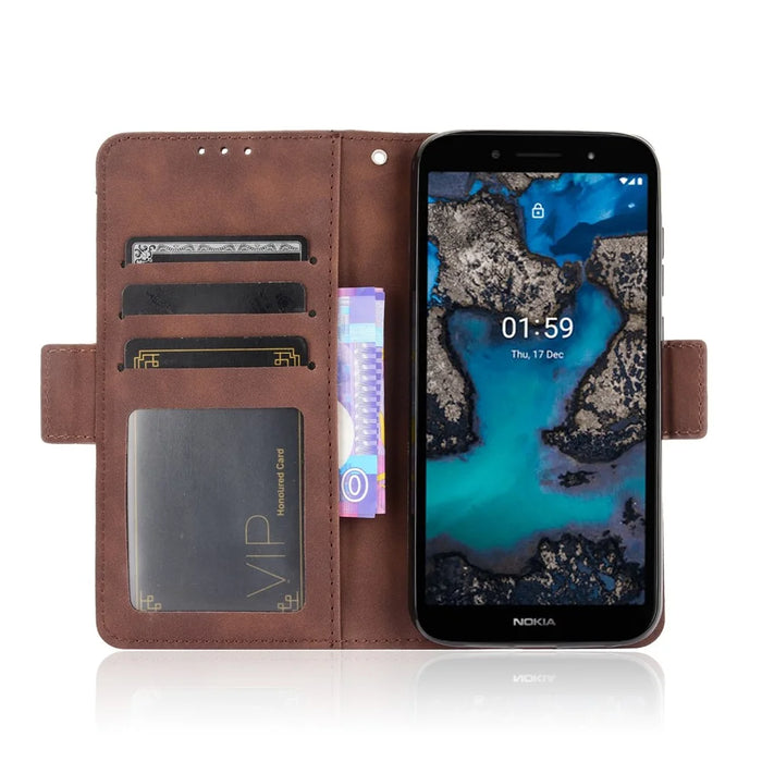 Multiple Card Slots Design Leather Wallet Case Stand for Nokia C1 Plus - Brown - 5