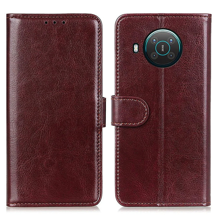 For Nokia X20/X10 Phone Case PU Leather Phone Cover Drop-proof Crazy Horse Protector with Stand Wallet - Brown - 1