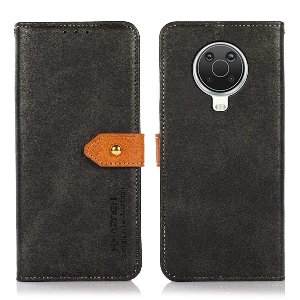 KHAZNEH Golden Magnetic Clasp Wallet Stand Design Dual Color Leather Phone Case for Nokia G10/G20 - Black - 1