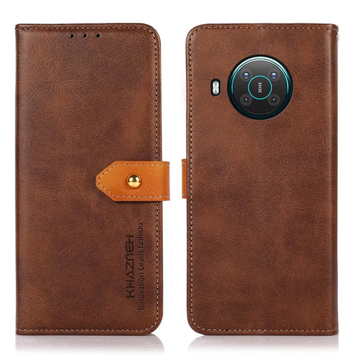KHAZNEH Golden Magnetic Clasp Wallet Design Dual Color Leather Phone Case with Stand for Nokia X10/X20 - Brown - 1