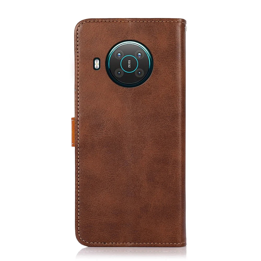KHAZNEH Golden Magnetic Clasp Wallet Design Dual Color Leather Phone Case with Stand for Nokia X10/X20 - Brown - 3