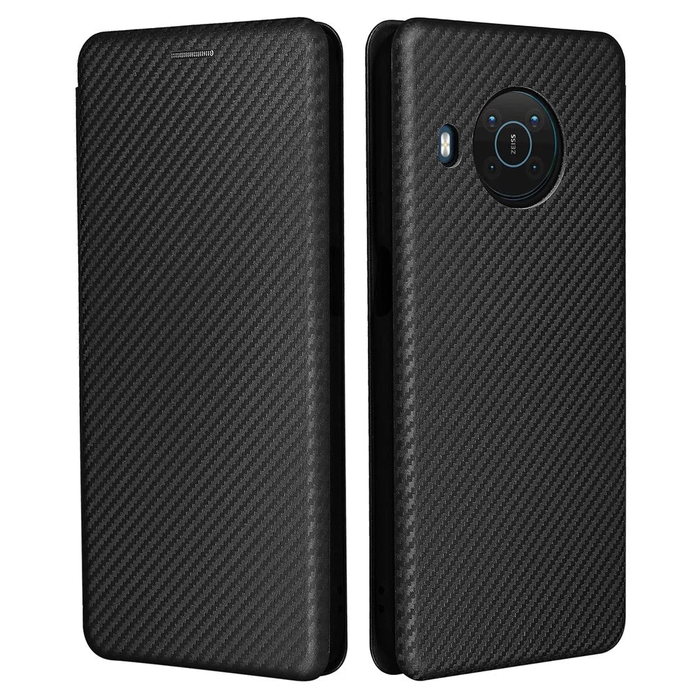 Card Slot Design Auto-absorbed Carbon Fiber Leather Case with Ring Strap for Nokia X10/X20 - Black - 1