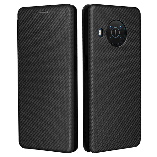 Card Slot Design Auto-absorbed Carbon Fiber Leather Case with Ring Strap for Nokia X10/X20 - Black - 1
