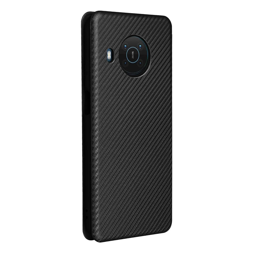 Card Slot Design Auto-absorbed Carbon Fiber Leather Case with Ring Strap for Nokia X10/X20 - Black - 2