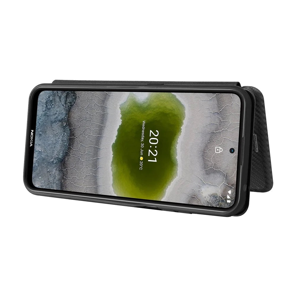 Card Slot Design Auto-absorbed Carbon Fiber Leather Case with Ring Strap for Nokia X10/X20 - Black - 3