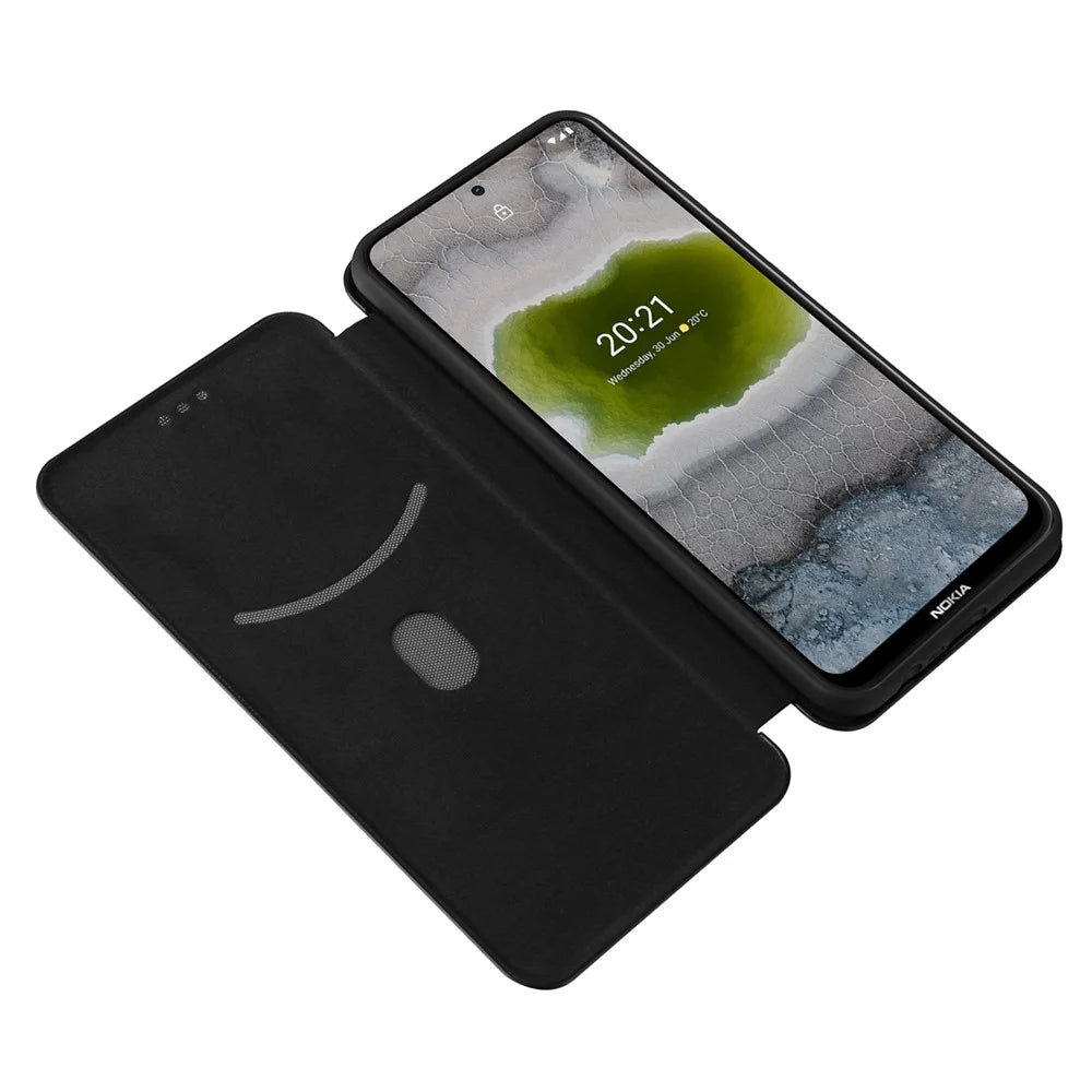 Card Slot Design Auto-absorbed Carbon Fiber Leather Case with Ring Strap for Nokia X10/X20 - Black - 5