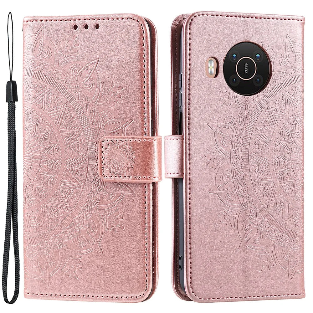 Imprinted Mandala Totem Pattern PU Leather Wallet Cover Case with Strap for Nokia X20 - Rose Gold - 1