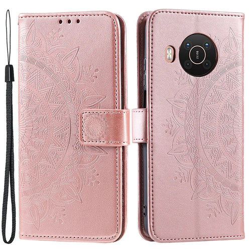 Imprinted Mandala Totem Pattern PU Leather Wallet Cover Case with Strap for Nokia X20 - Rose Gold - 1