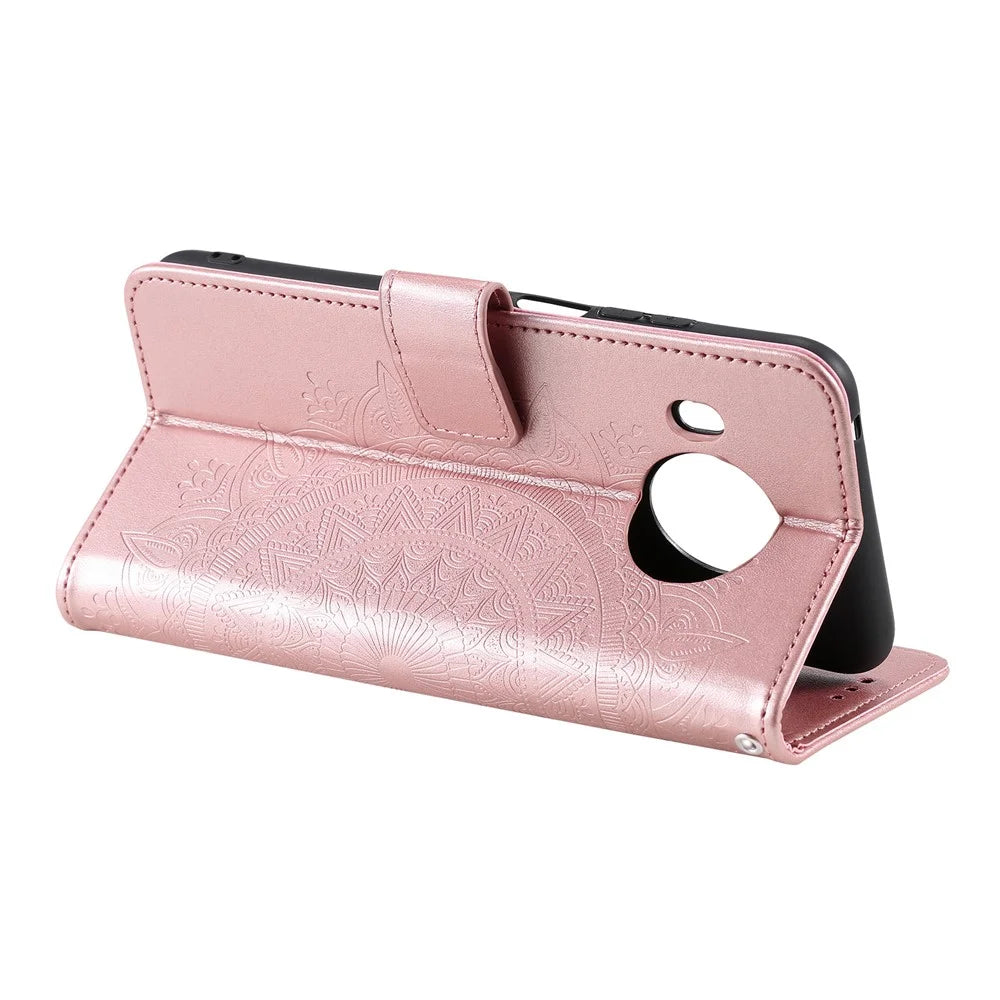 Imprinted Mandala Totem Pattern PU Leather Wallet Cover Case with Strap for Nokia X20 - Rose Gold - 5
